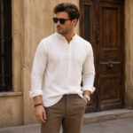 Mandarin Collar Linen Shirt - Image 4
